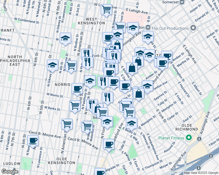 map of restaurants, bars, coffee shops, grocery stores, and more near 2114 North Front Street in Philadelphia