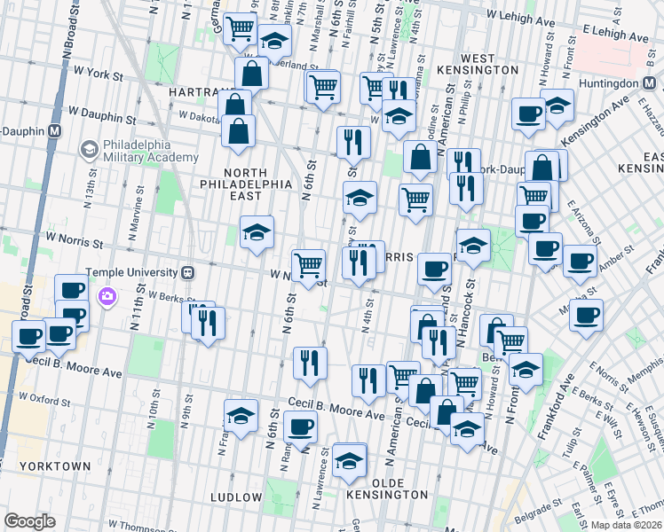 map of restaurants, bars, coffee shops, grocery stores, and more near 2048 North 5th Street in Philadelphia