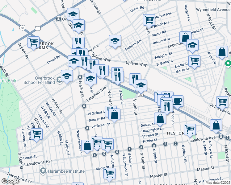map of restaurants, bars, coffee shops, grocery stores, and more near 6021 Clifford Terrace in Philadelphia