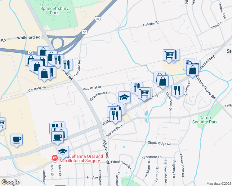map of restaurants, bars, coffee shops, grocery stores, and more near 23 Bloomingdale Court in York