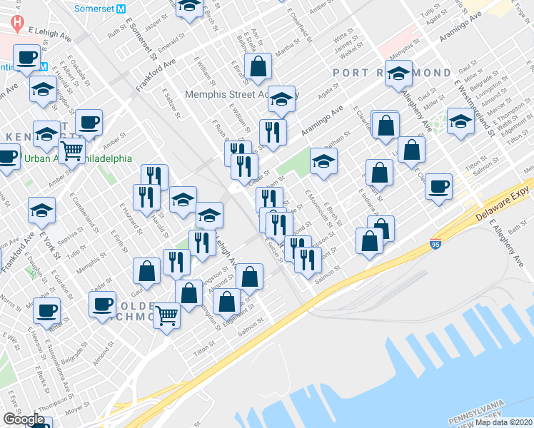 map of restaurants, bars, coffee shops, grocery stores, and more near 2808 Miller Street in Philadelphia