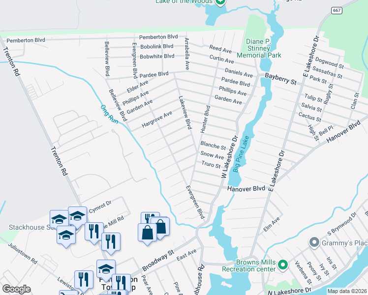map of restaurants, bars, coffee shops, grocery stores, and more near 9 Lakeview Boulevard in Browns Mills