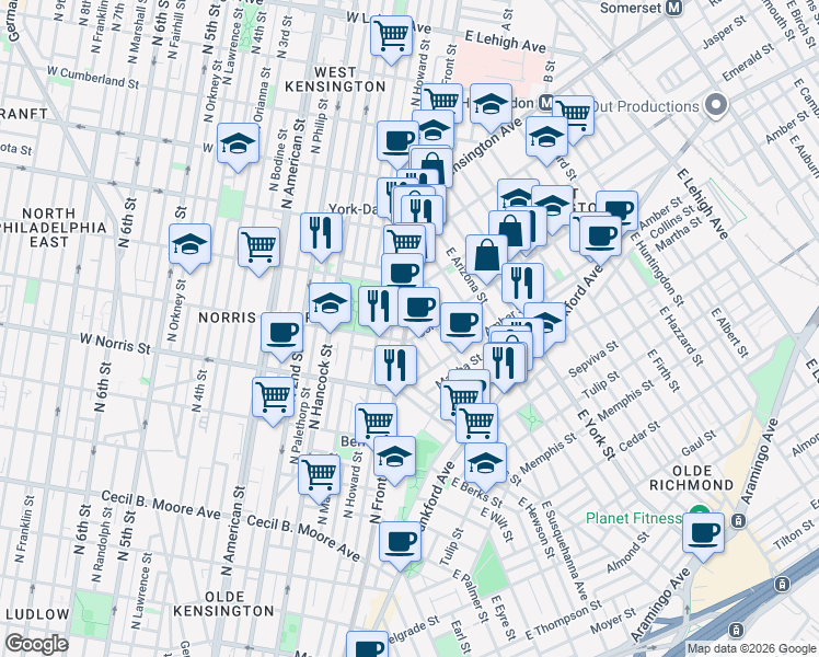 map of restaurants, bars, coffee shops, grocery stores, and more near in Philadelphia