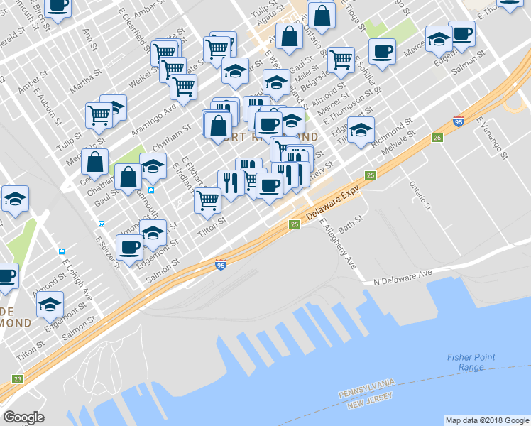 map of restaurants, bars, coffee shops, grocery stores, and more near 3106 Richmond Street in Philadelphia