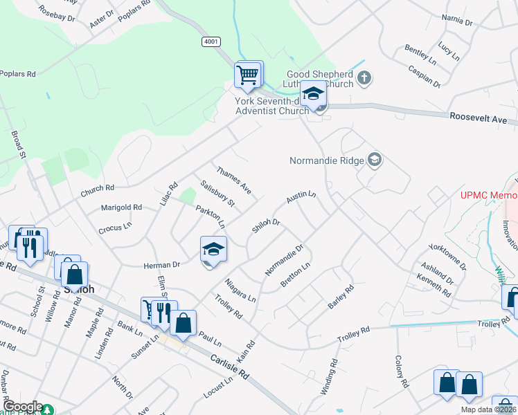 map of restaurants, bars, coffee shops, grocery stores, and more near 2100 Thames Avenue in York