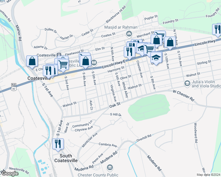 map of restaurants, bars, coffee shops, grocery stores, and more near 82 Virginia Avenue in Coatesville
