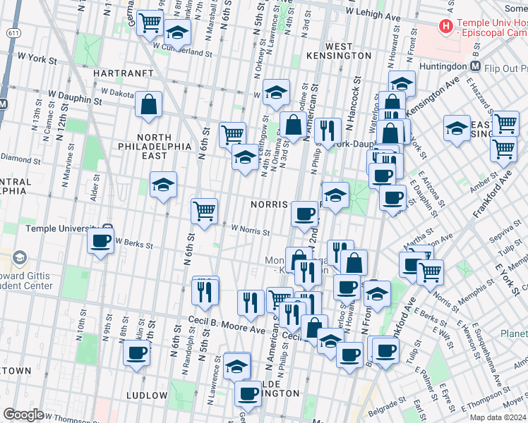 map of restaurants, bars, coffee shops, grocery stores, and more near 2040 North Orianna Street in Philadelphia