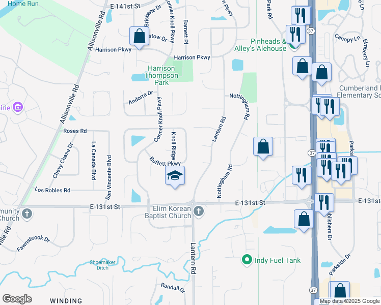 map of restaurants, bars, coffee shops, grocery stores, and more near 8702 Buffett Parkway in Fishers