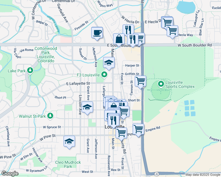 map of restaurants, bars, coffee shops, grocery stores, and more near 1209 Main Street in Louisville