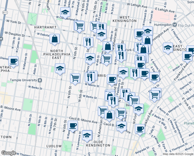map of restaurants, bars, coffee shops, grocery stores, and more near 2040 North Orianna Street in Philadelphia