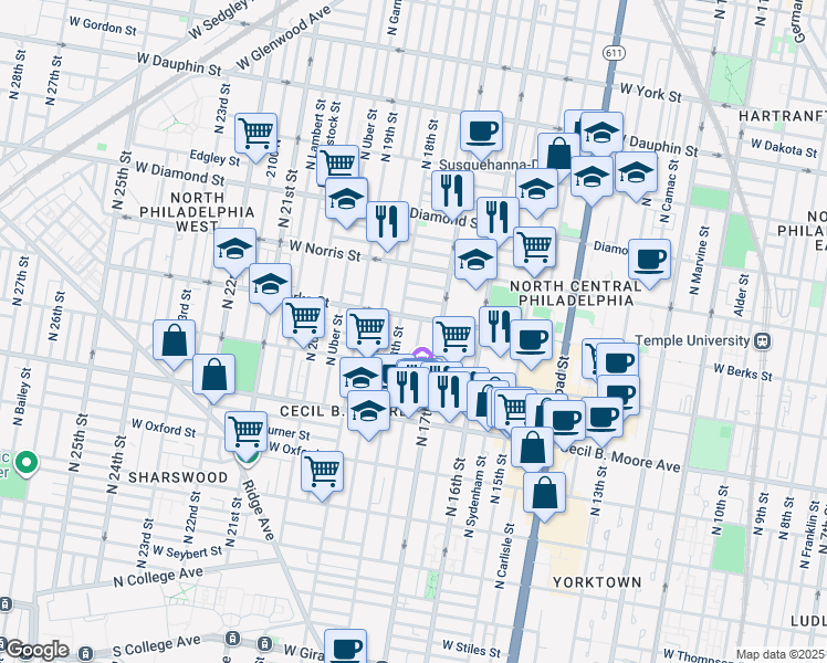 map of restaurants, bars, coffee shops, grocery stores, and more near 1834 North Bouvier Street in Philadelphia