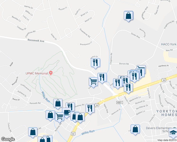 map of restaurants, bars, coffee shops, grocery stores, and more near 1570 Roosevelt Avenue in York
