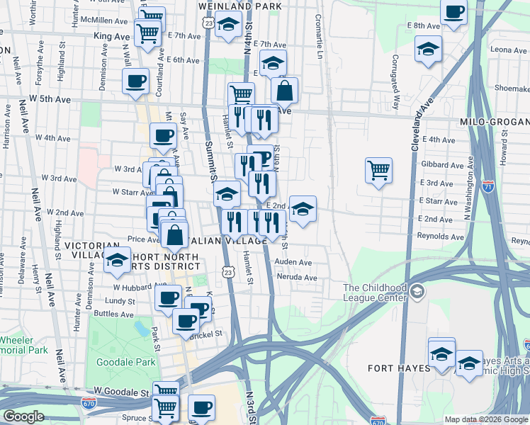 map of restaurants, bars, coffee shops, grocery stores, and more near 930 North 4th Street in Columbus