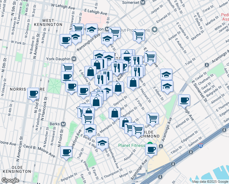 map of restaurants, bars, coffee shops, grocery stores, and more near 2133 East Letterly Street in Philadelphia