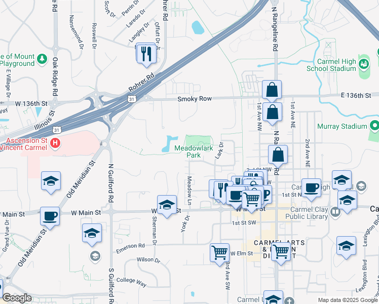 map of restaurants, bars, coffee shops, grocery stores, and more near 450 Meadow Lane in Carmel