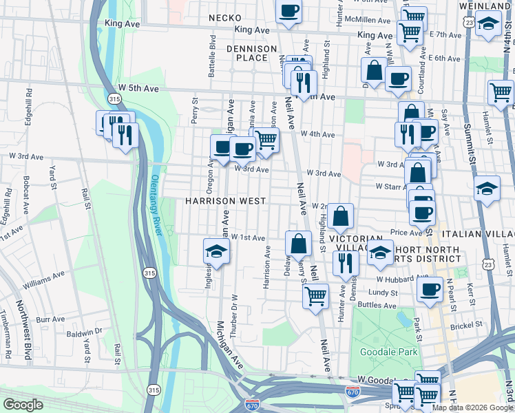 map of restaurants, bars, coffee shops, grocery stores, and more near 385 West 2nd Avenue in Columbus