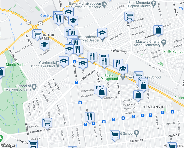 map of restaurants, bars, coffee shops, grocery stores, and more near 6134 Lebanon Avenue in Philadelphia