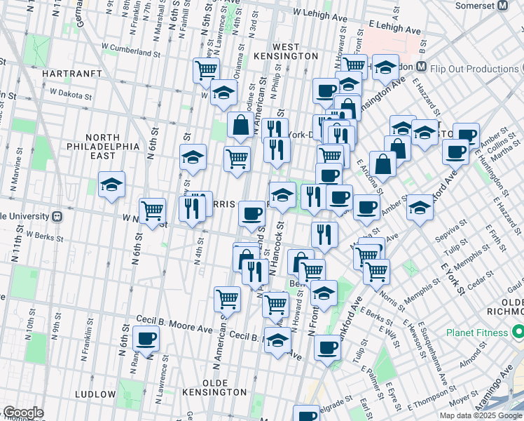 map of restaurants, bars, coffee shops, grocery stores, and more near 2113 North 2nd Street in Philadelphia