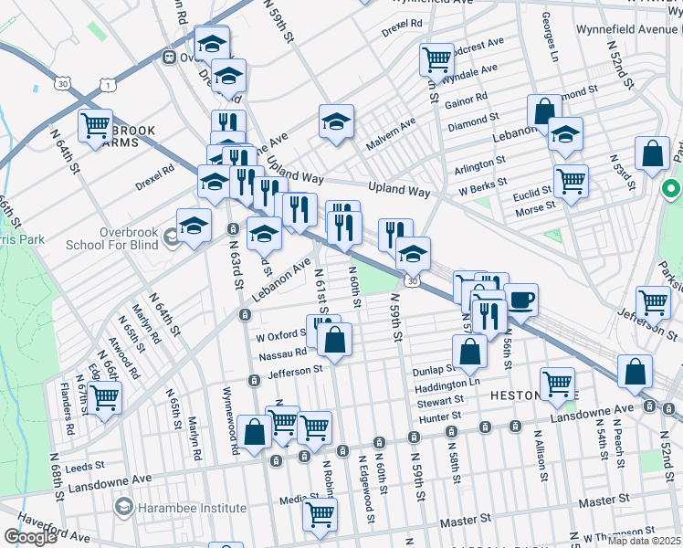 map of restaurants, bars, coffee shops, grocery stores, and more near 6015 Clifford Terrace in Philadelphia