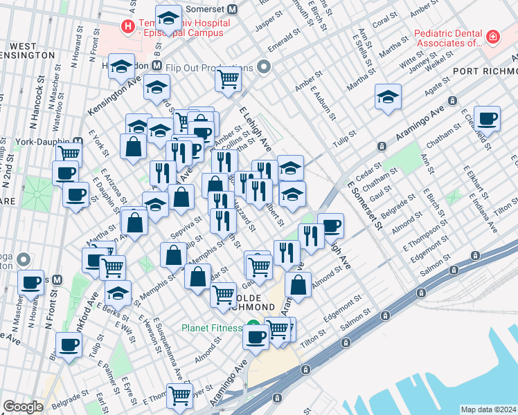 map of restaurants, bars, coffee shops, grocery stores, and more near 2314 East Harold Street in Philadelphia