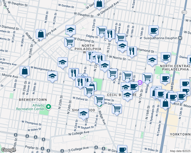 map of restaurants, bars, coffee shops, grocery stores, and more near 1805 North 22nd Street in Philadelphia