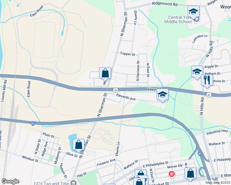map of restaurants, bars, coffee shops, grocery stores, and more near 1321 North Sherman Street in York