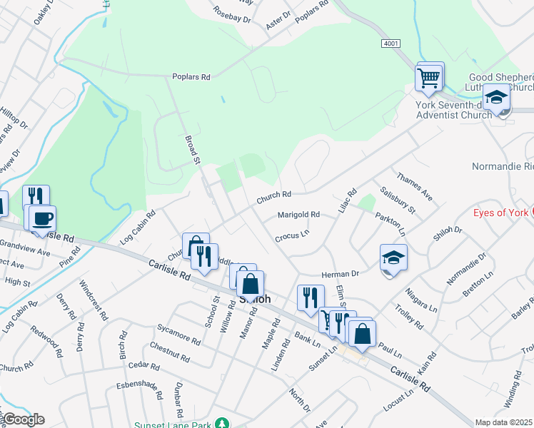 map of restaurants, bars, coffee shops, grocery stores, and more near 1898 Church Road in York