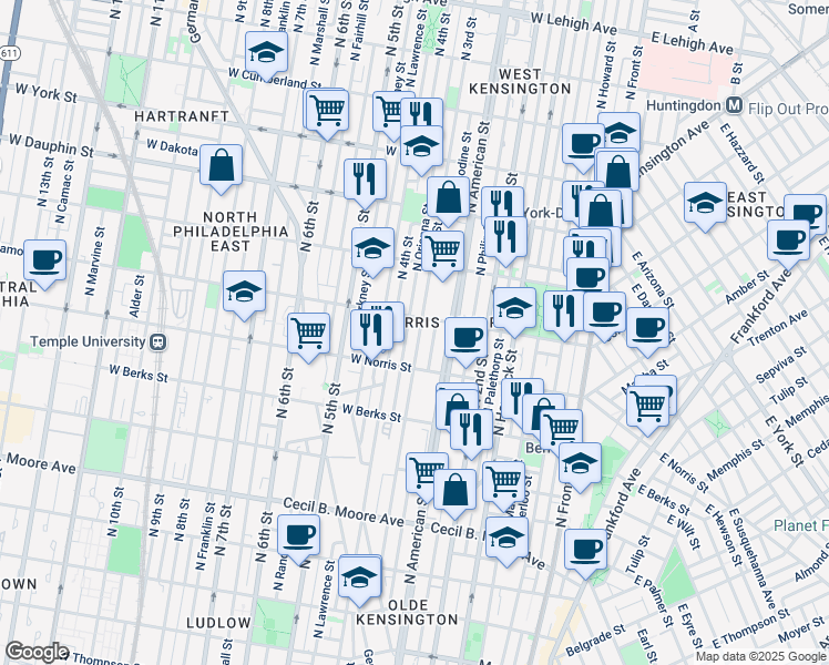 map of restaurants, bars, coffee shops, grocery stores, and more near 2046 North 3rd Street in Philadelphia