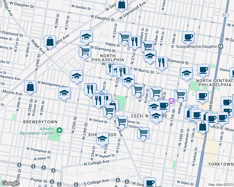 map of restaurants, bars, coffee shops, grocery stores, and more near 1805 North 22nd Street in Philadelphia