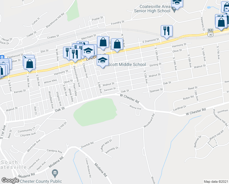 map of restaurants, bars, coffee shops, grocery stores, and more near 835 Wickford Lane in Coatesville