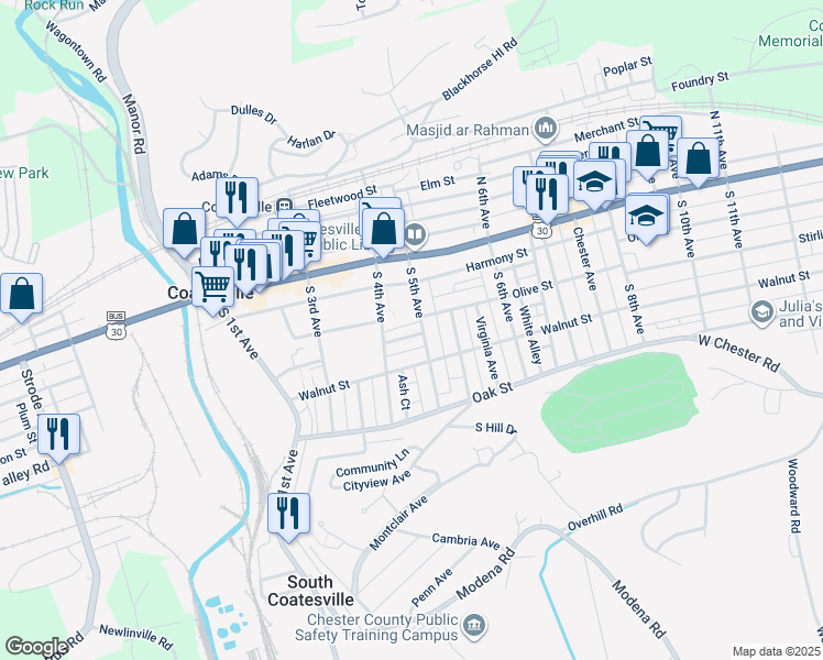 map of restaurants, bars, coffee shops, grocery stores, and more near 429 Maple Avenue in Coatesville