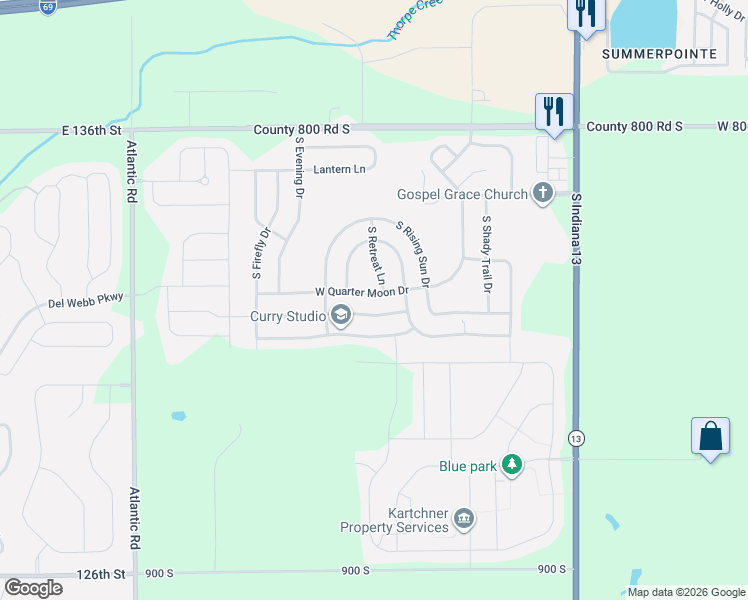 map of restaurants, bars, coffee shops, grocery stores, and more near 9466 West Quarter Moon Drive in Pendleton