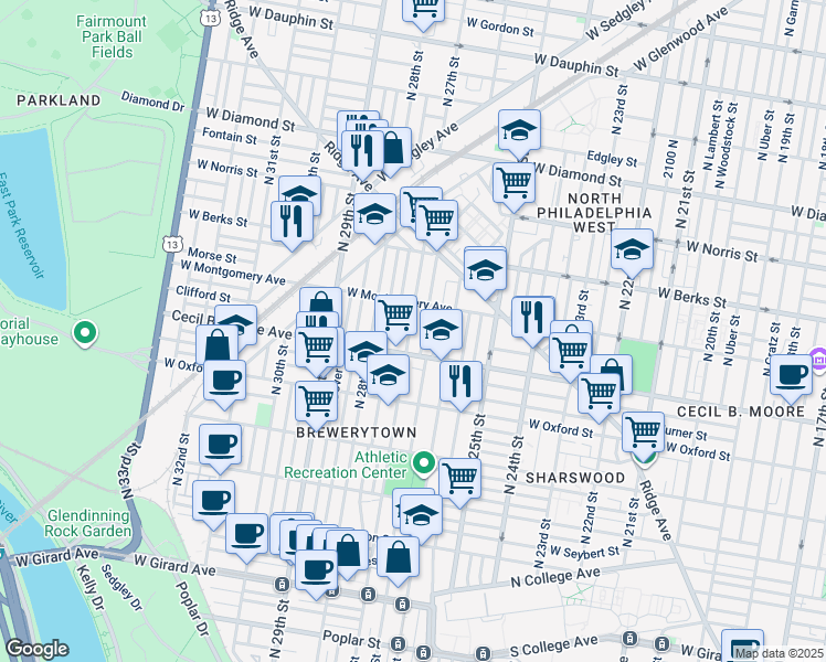 map of restaurants, bars, coffee shops, grocery stores, and more near 1729 North 27th Street in Philadelphia