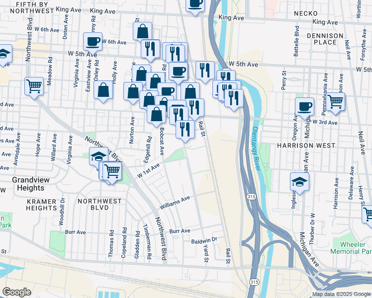 map of restaurants, bars, coffee shops, grocery stores, and more near 1050 Yard Street in Grandview Heights