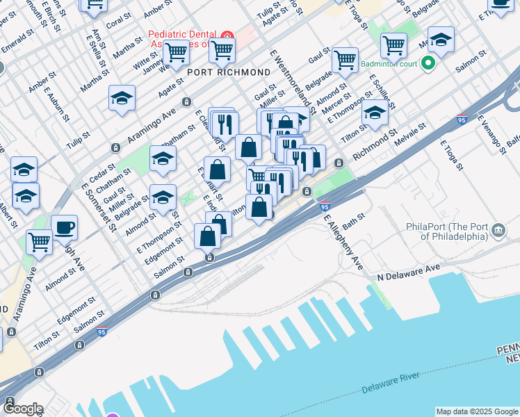 map of restaurants, bars, coffee shops, grocery stores, and more near 2730 East Clearfield Street in Philadelphia