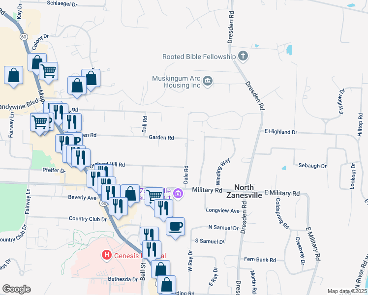 map of restaurants, bars, coffee shops, grocery stores, and more near 3305 Dale Road in Zanesville