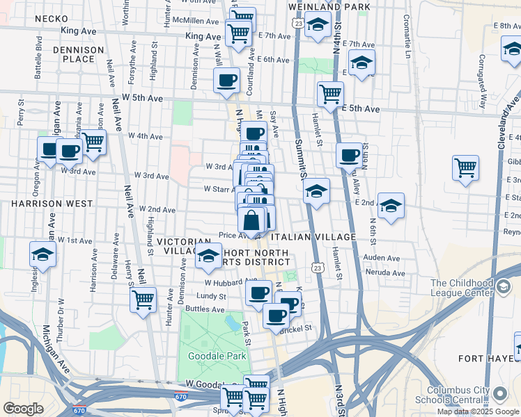 map of restaurants, bars, coffee shops, grocery stores, and more near 15 East 2nd Avenue in Columbus