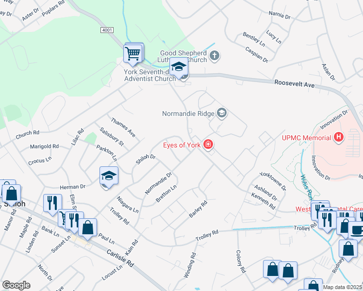 map of restaurants, bars, coffee shops, grocery stores, and more near 1822 Austin Lane in York