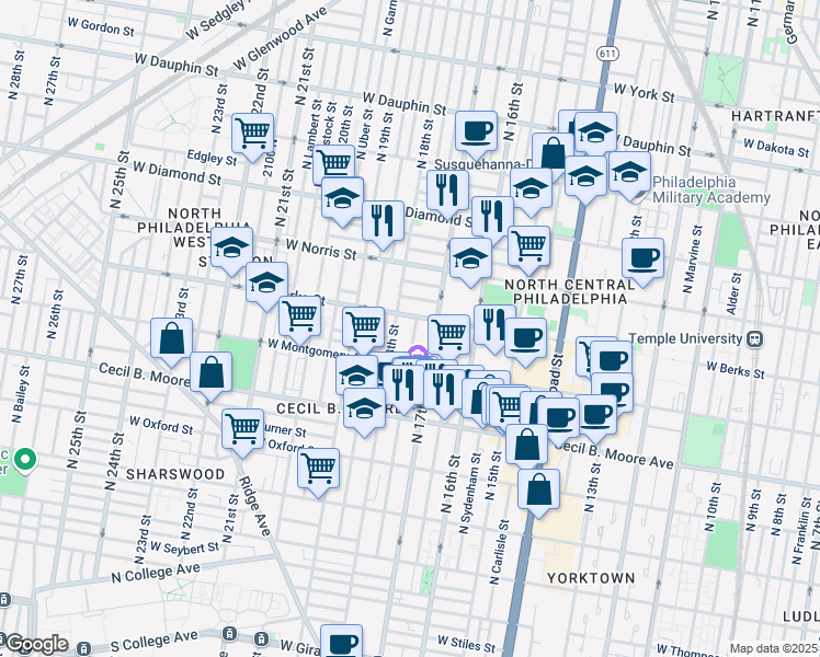 map of restaurants, bars, coffee shops, grocery stores, and more near 1836 North Bouvier Street in Philadelphia