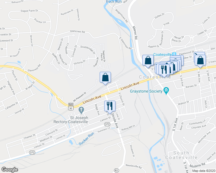 map of restaurants, bars, coffee shops, grocery stores, and more near 230 West Chestnut Street in Coatesville
