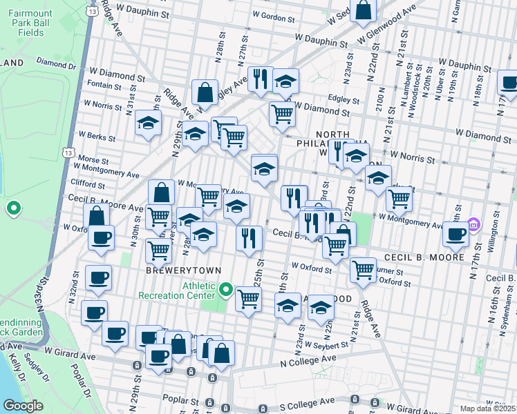 map of restaurants, bars, coffee shops, grocery stores, and more near 1738 North Stillman Street in Philadelphia
