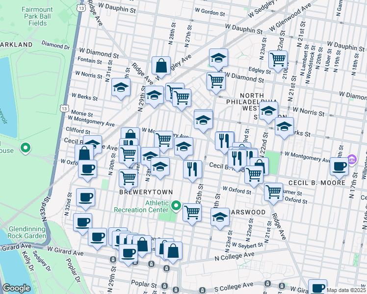 map of restaurants, bars, coffee shops, grocery stores, and more near 1737 North Bailey Street in Philadelphia