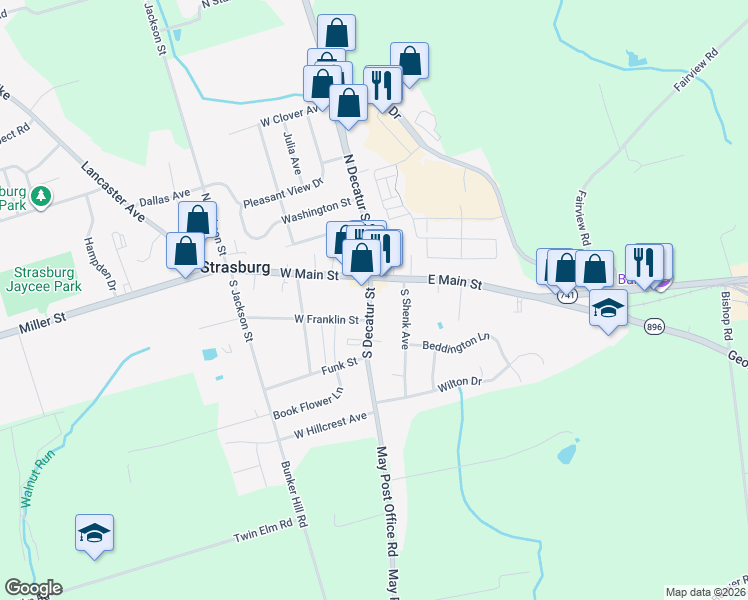 map of restaurants, bars, coffee shops, grocery stores, and more near 10 South Decatur Street in Strasburg