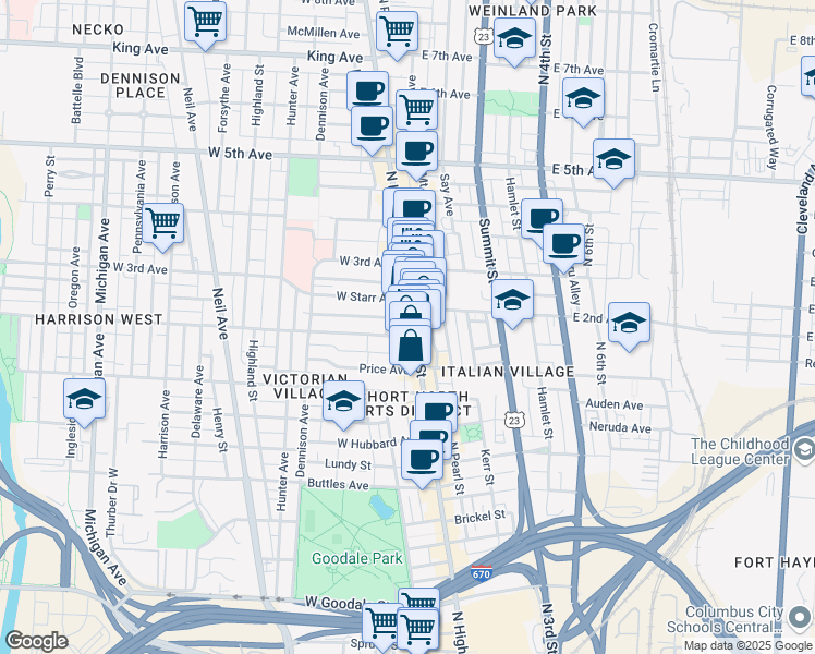map of restaurants, bars, coffee shops, grocery stores, and more near 985 North High Street in Columbus