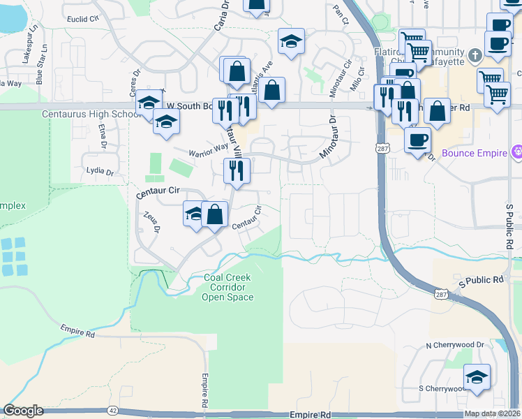 map of restaurants, bars, coffee shops, grocery stores, and more near 1110 Centaur Circle in Lafayette