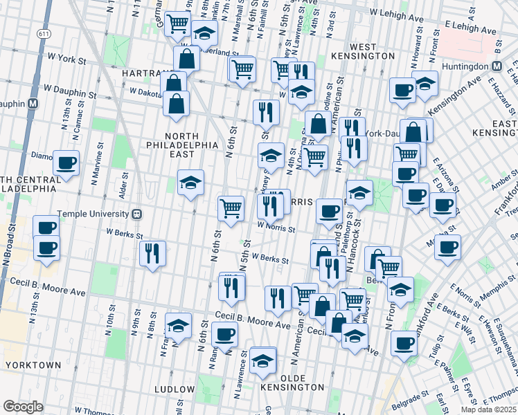 map of restaurants, bars, coffee shops, grocery stores, and more near 2030 North Orkney Street in Philadelphia