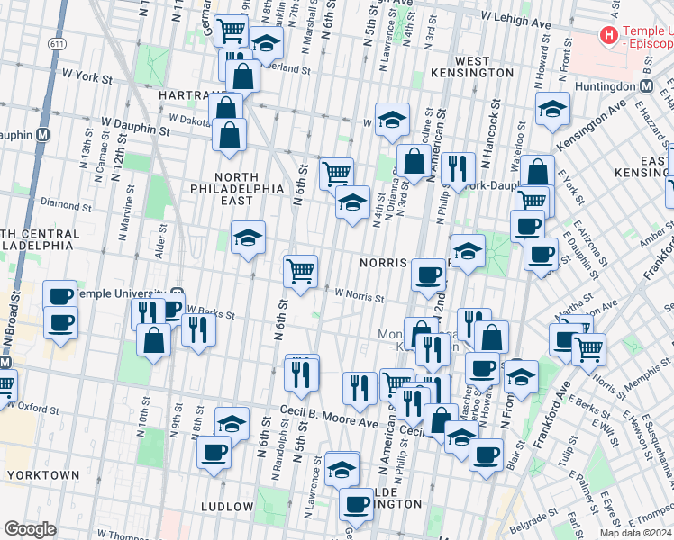 map of restaurants, bars, coffee shops, grocery stores, and more near 2030 North Orkney Street in Philadelphia