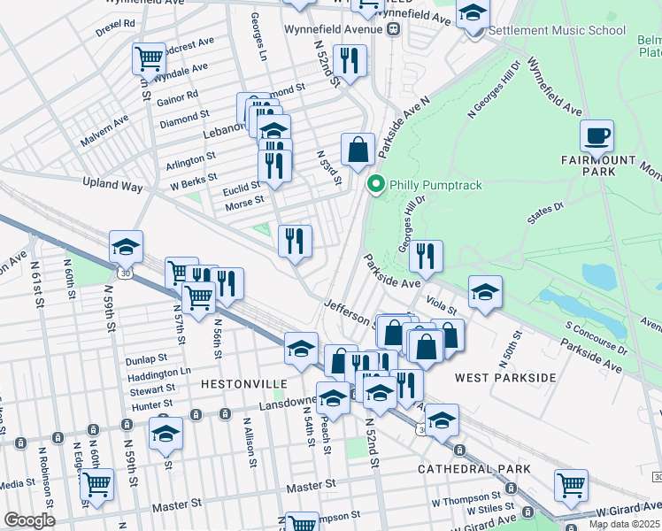 map of restaurants, bars, coffee shops, grocery stores, and more near 5324 West Oxford Street in Philadelphia