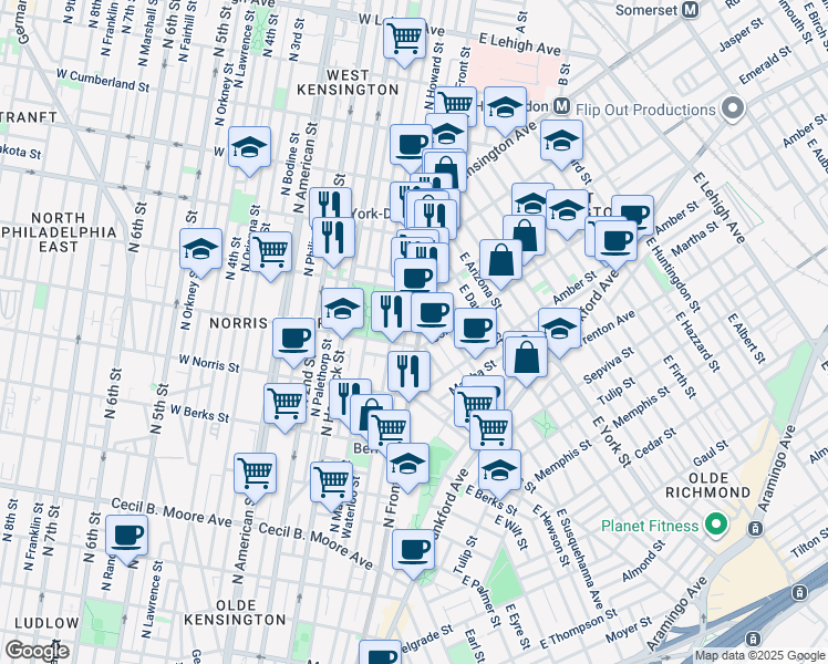 map of restaurants, bars, coffee shops, grocery stores, and more near 2114 North Front Street in Philadelphia