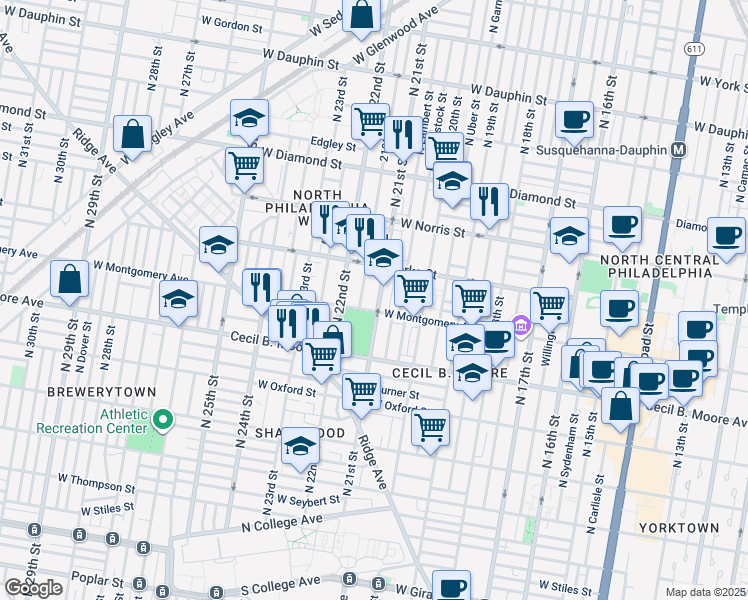 map of restaurants, bars, coffee shops, grocery stores, and more near 1812 North 21st Street in Philadelphia